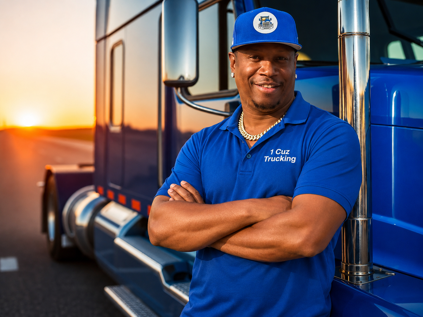 Owner of 1 Cuz Trucking LLC standing beside a semi truck
